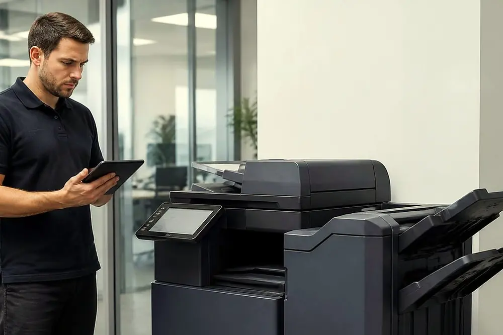 Technician holding a tablet beside a floor standing copier with a finisher in a bright office