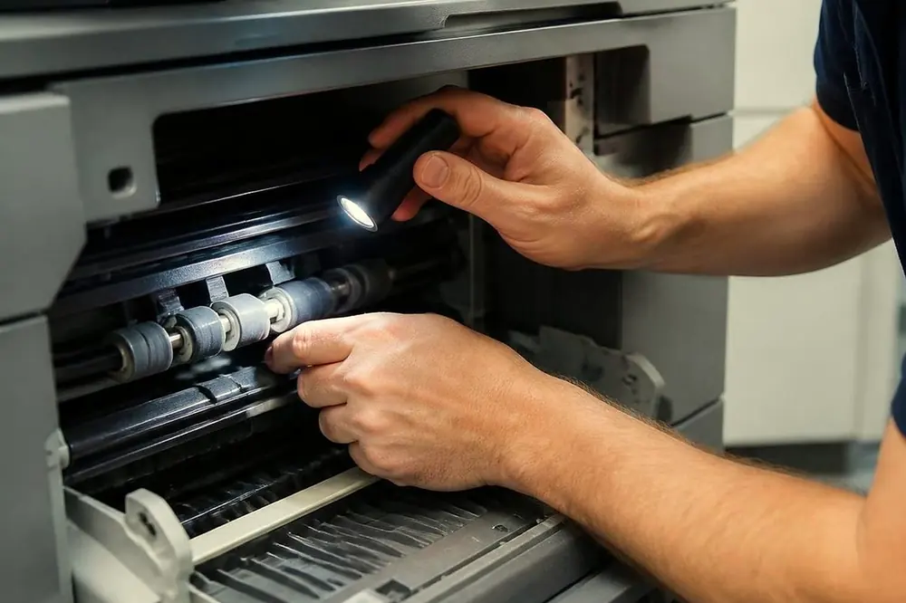 Hands holding a small torch to check the rollers along the paper path inside an open copier