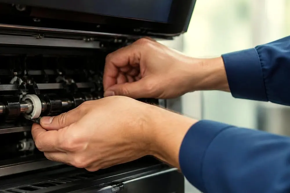 Hands working on the feed rollers inside the open paper path of a copier