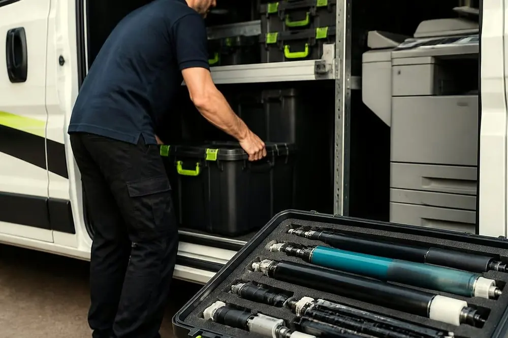 Open case of drums and rollers in a service van, with a technician at the van door