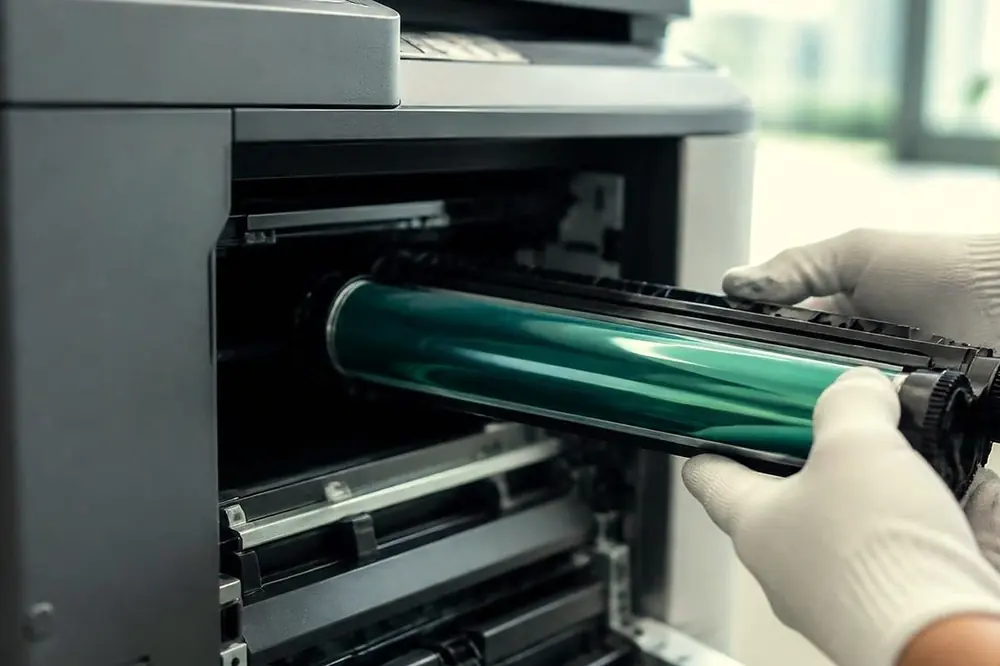 Gloved hands sliding a drum unit into an open copier