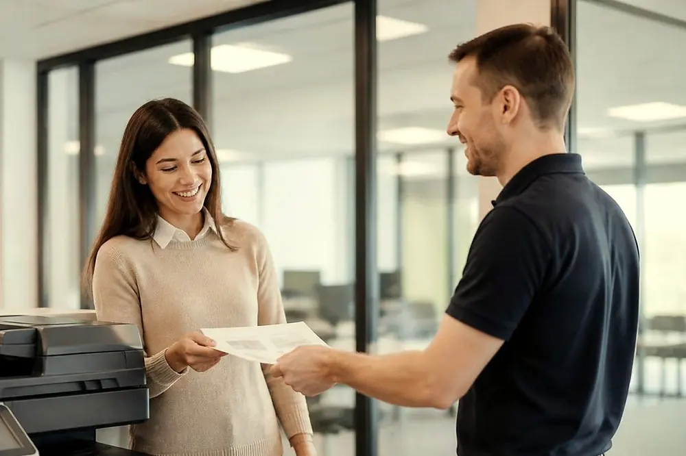 Technician handing a printed page to a smiling office worker beside a copier