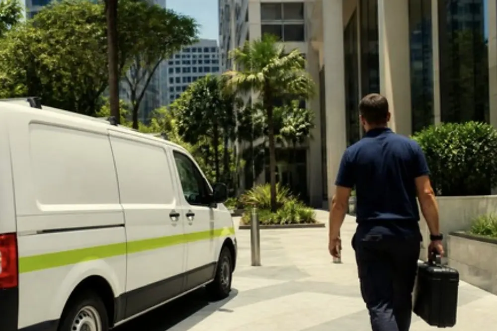 Technician carrying a black parts case from the service van towards a Brisbane office entrance