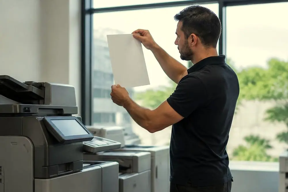 Technician holding a printed sheet up to the light beside a floor standing copier
