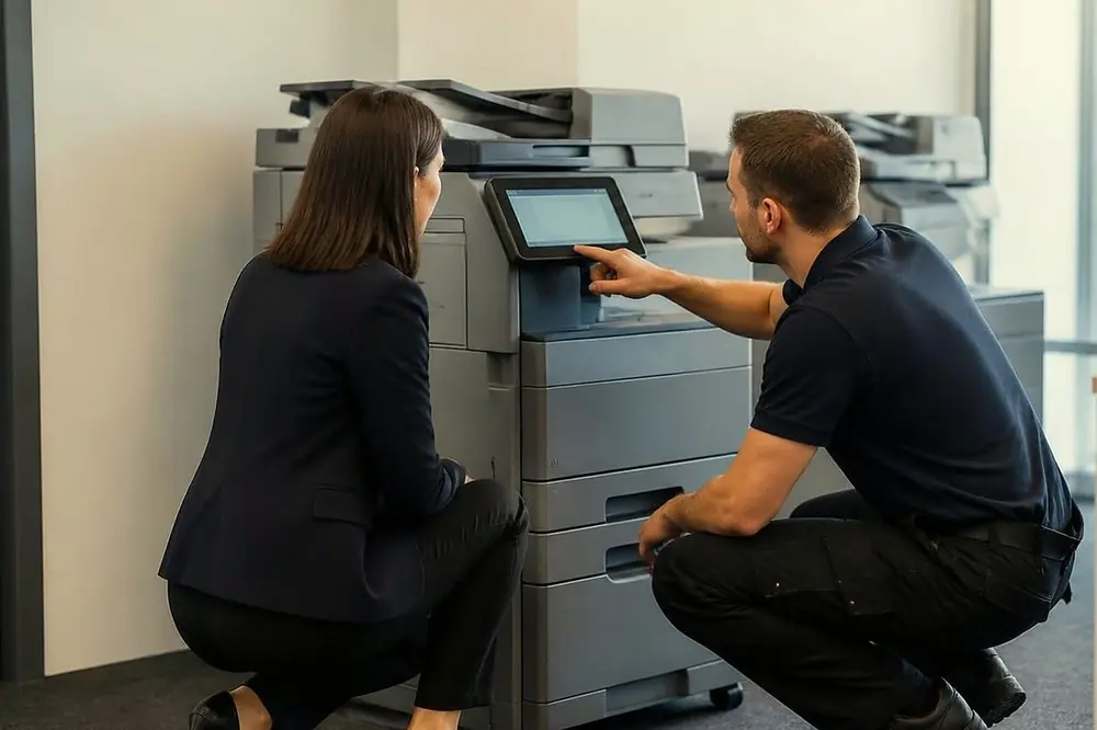 Technician and an office worker crouched beside a copier, looking at its touchscreen
