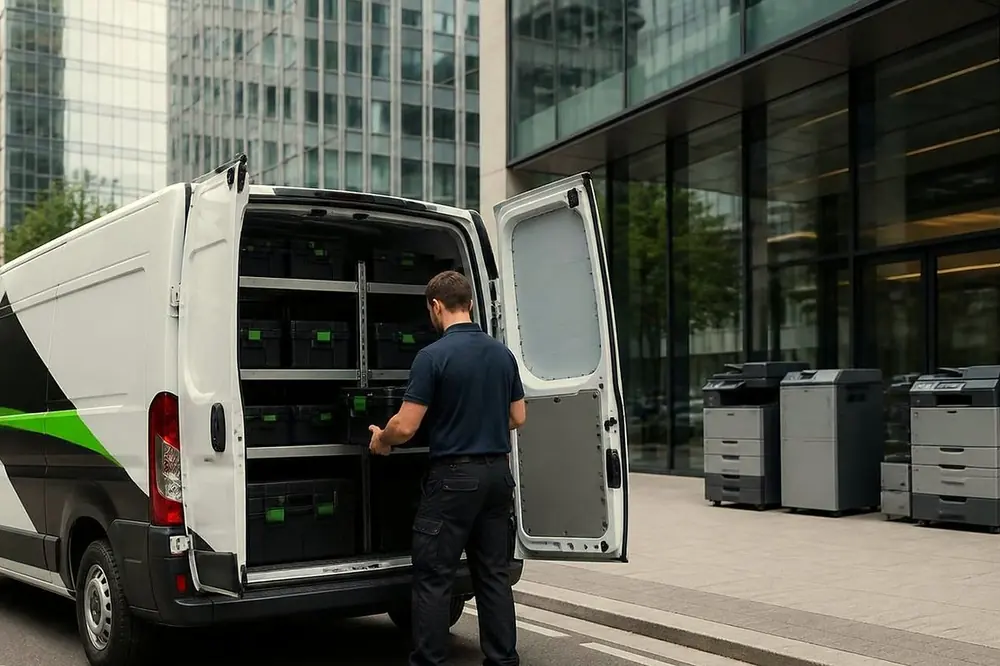 Technician at the open rear doors of a service van parked on a street