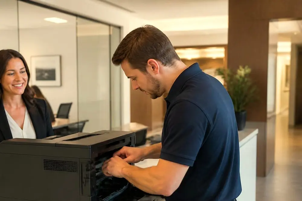 Technician opening a black desktop printer on a reception counter while a colleague smiles behind it
