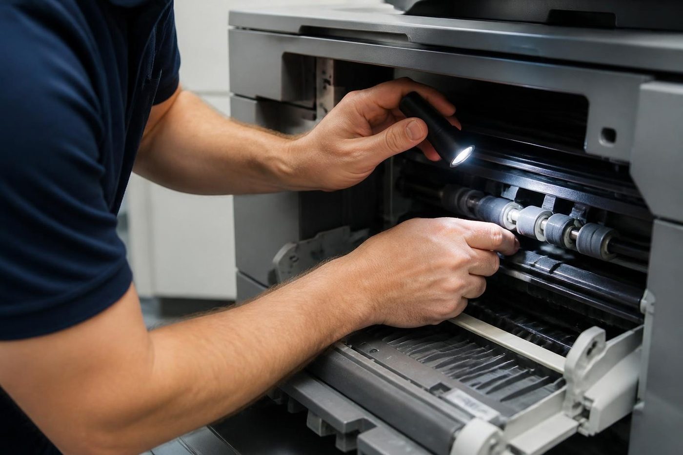 A technician checking the paper path of a copier by torchlight in Brisbane