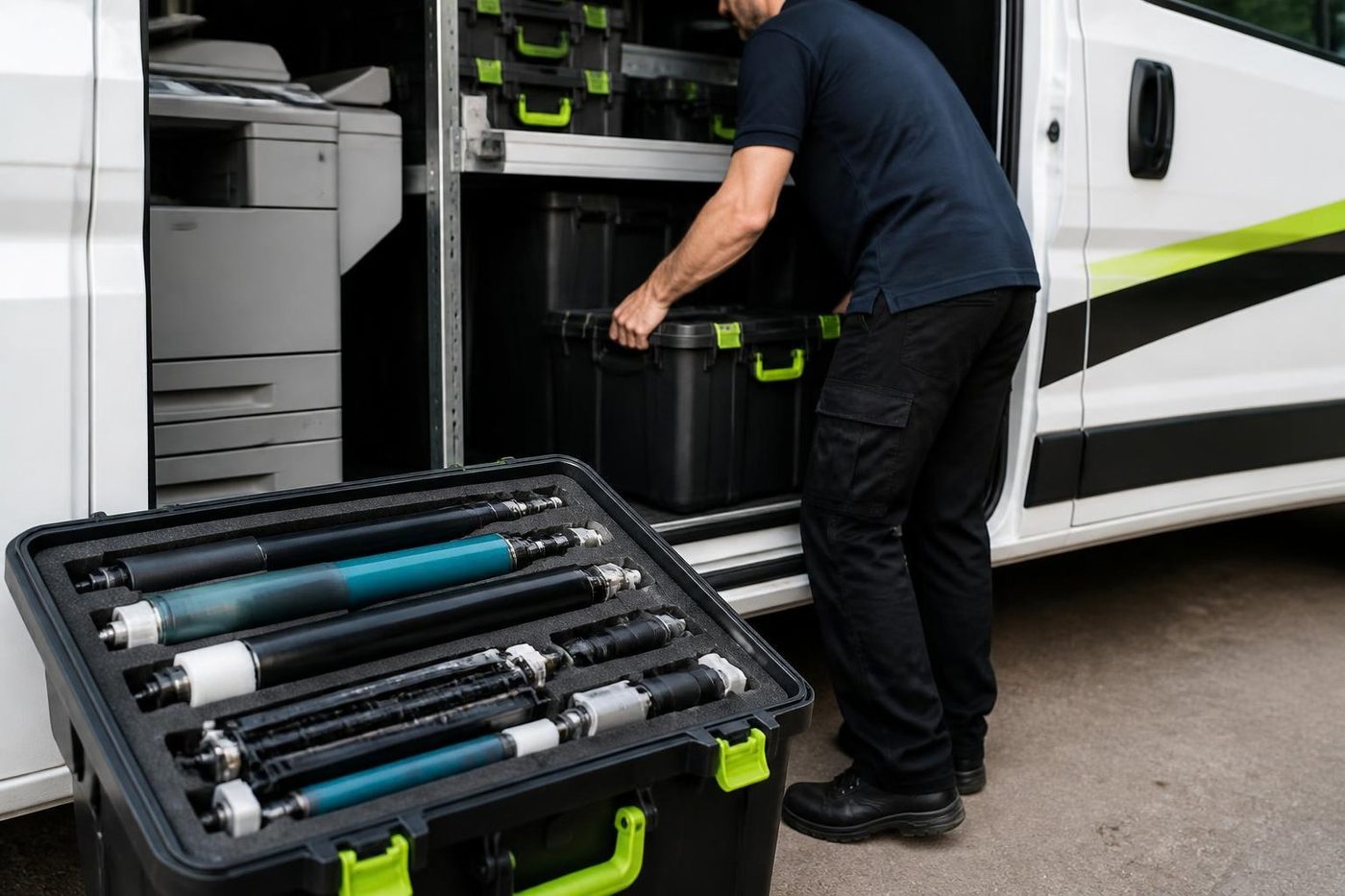 An open case of drums and rollers in a service van in Brisbane