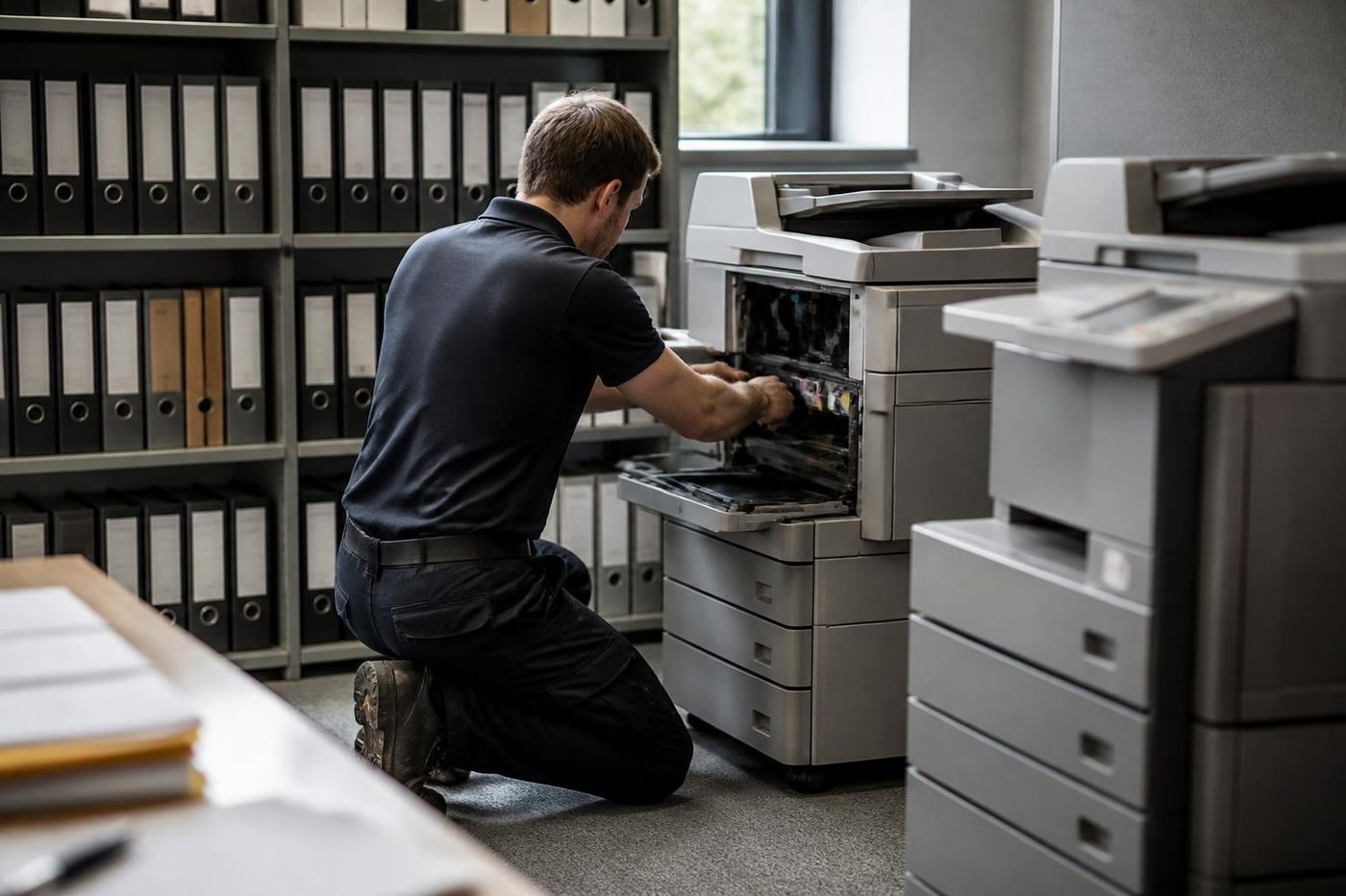 A technician repairing a copier beside filing shelves in a Brisbane law office