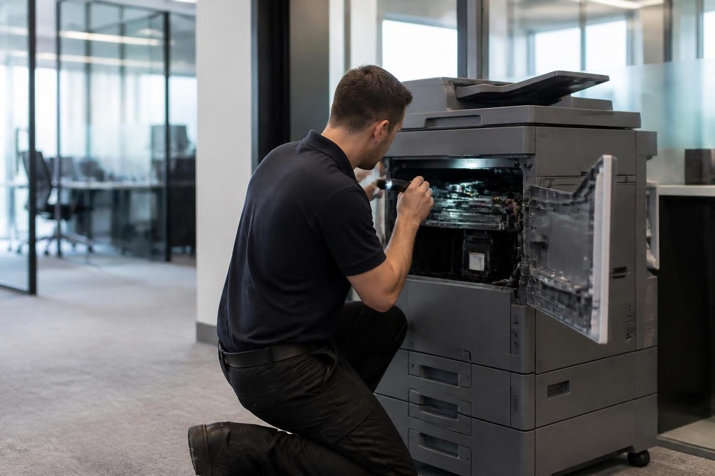 A technician working inside a copier with the side panel off, in a Brisbane office