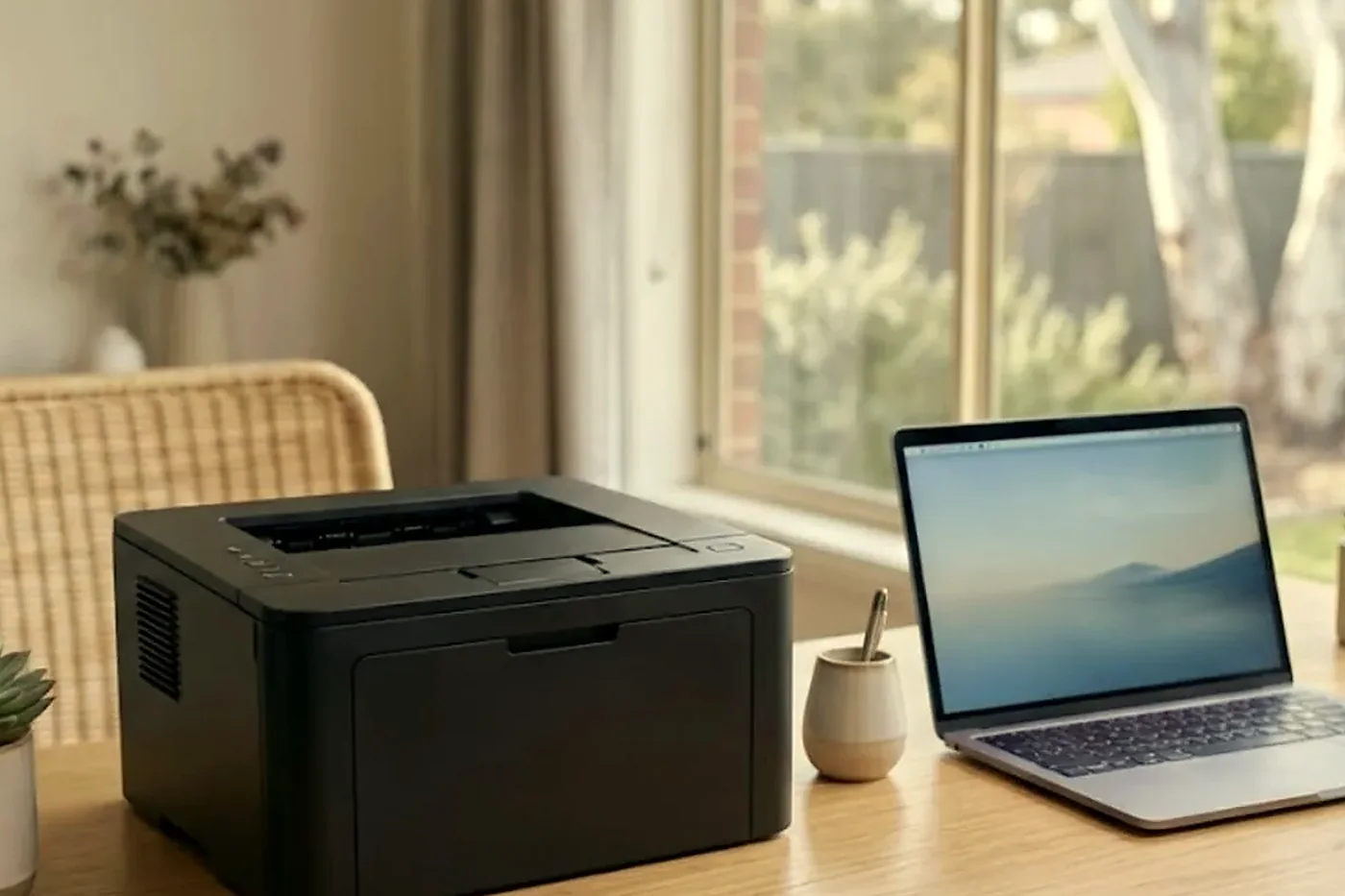 Black desktop laser printer on a timber desk in a small Brisbane office