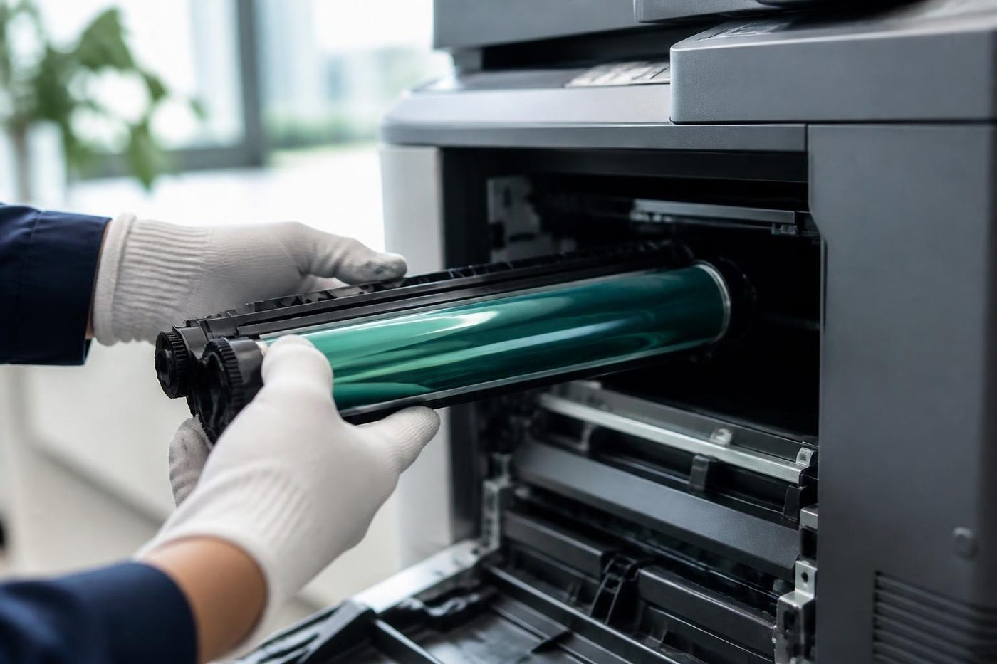 Gloved hands fitting a drum into a copier in a Brisbane office