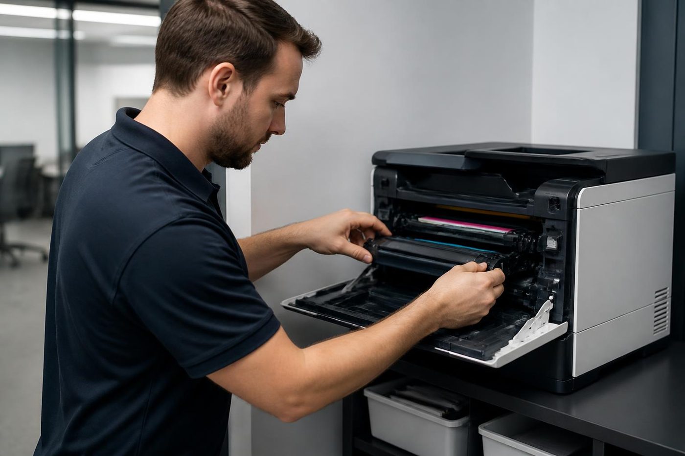 A technician servicing a laser printer at a desk in a Brisbane office