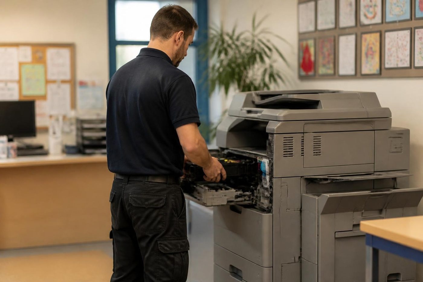 A technician fixing a copier in a Brisbane school office