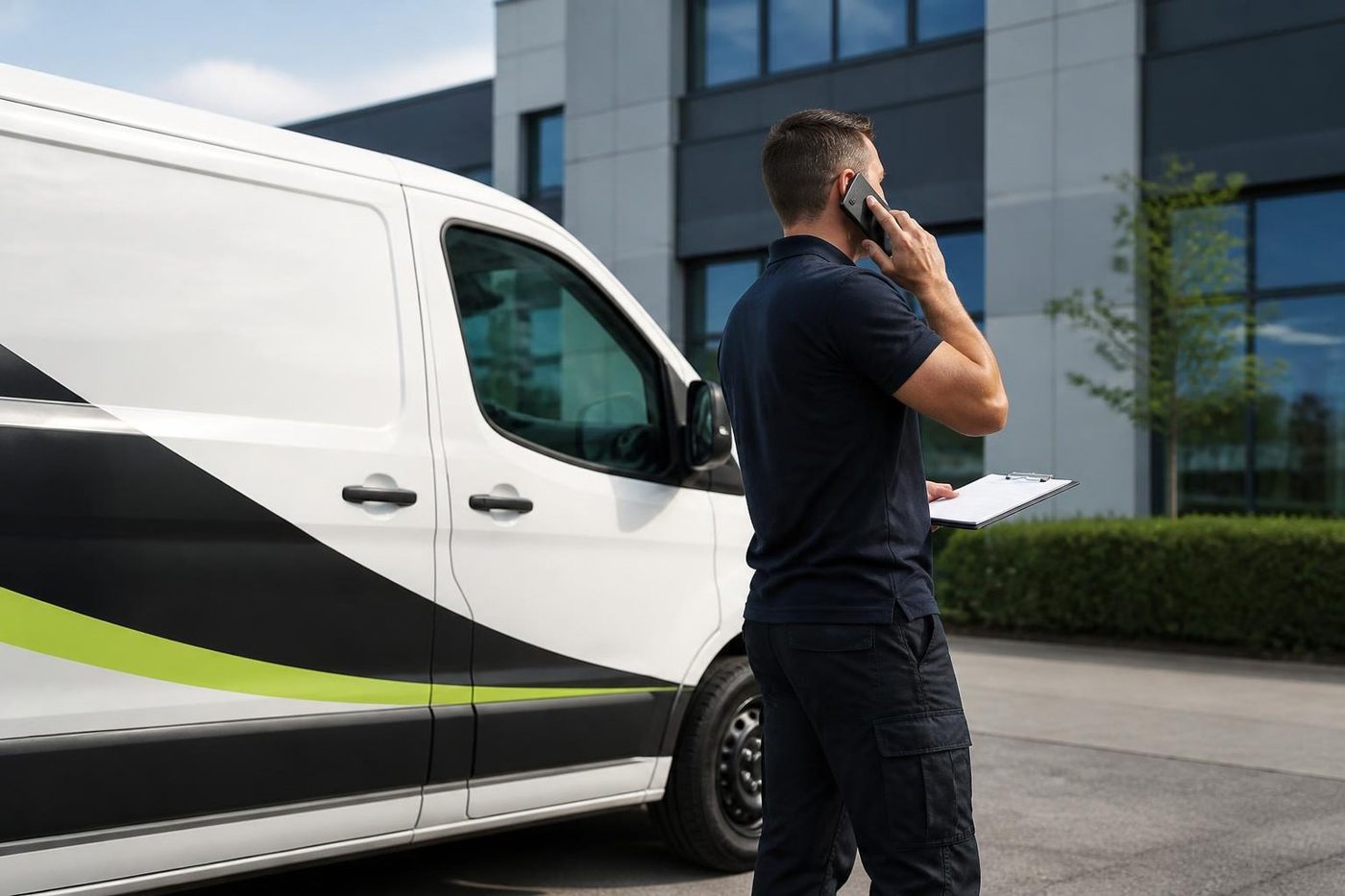 A technician on the phone next to the service van in Brisbane