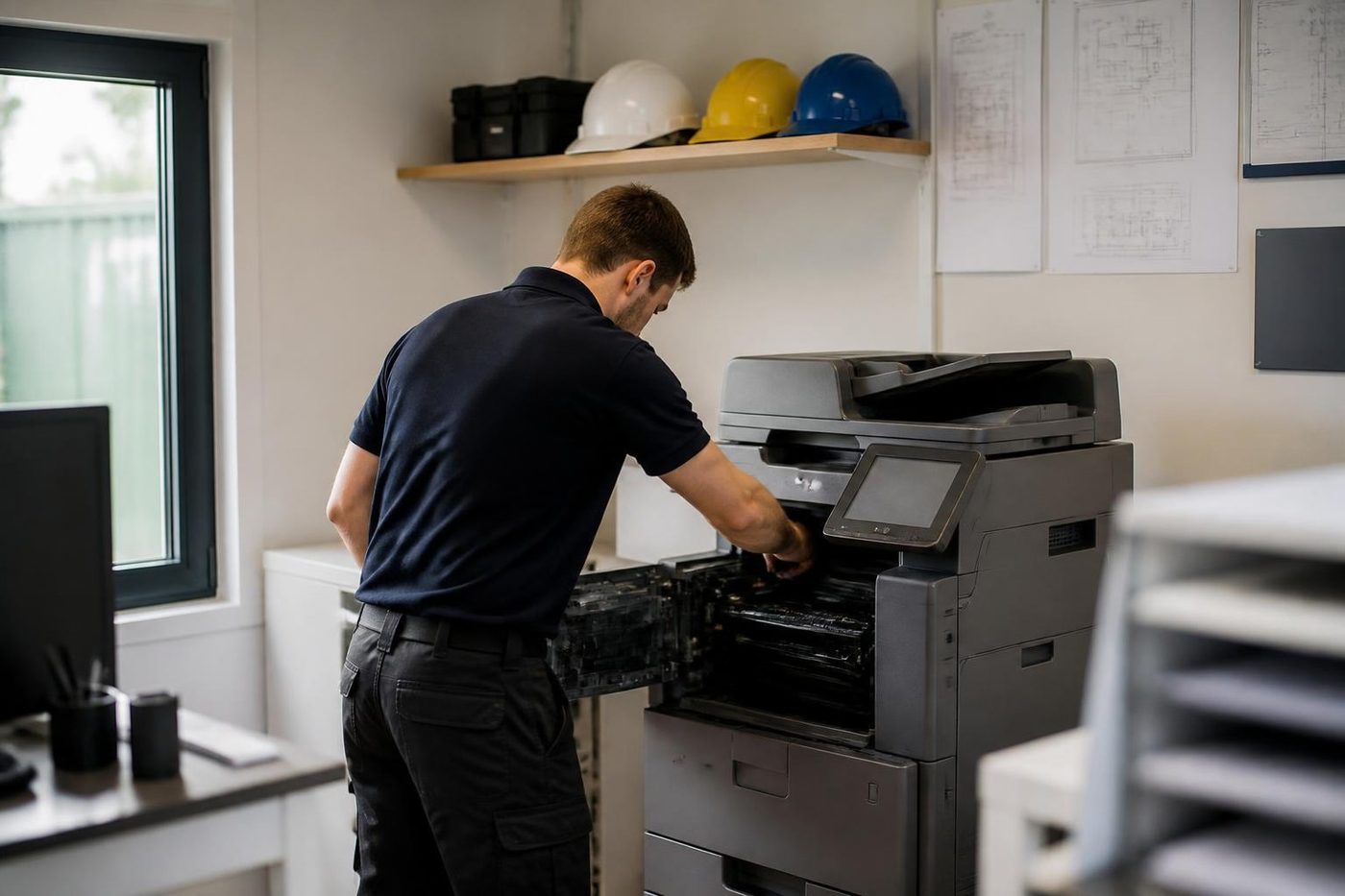 A technician repairing a copier in a Brisbane building site office