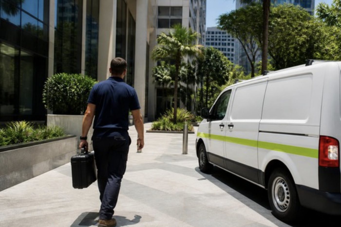 A technician arriving at a Brisbane office building carrying a parts case