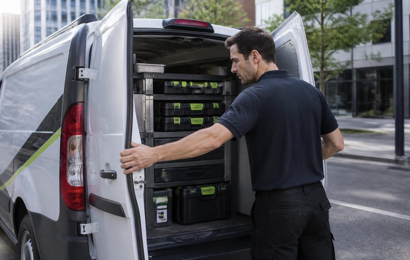 A technician at the open side doors of a service van in Brisbane
