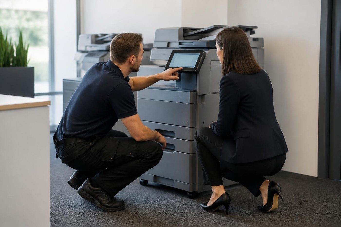 A technician explaining a copier fault to an office worker in Brisbane