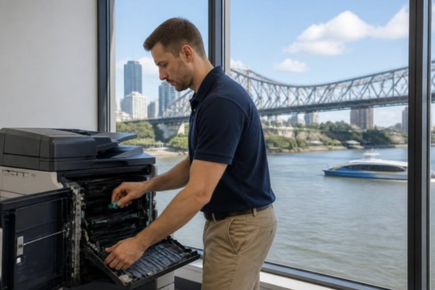A technician servicing a copier beside a window in a Brisbane office