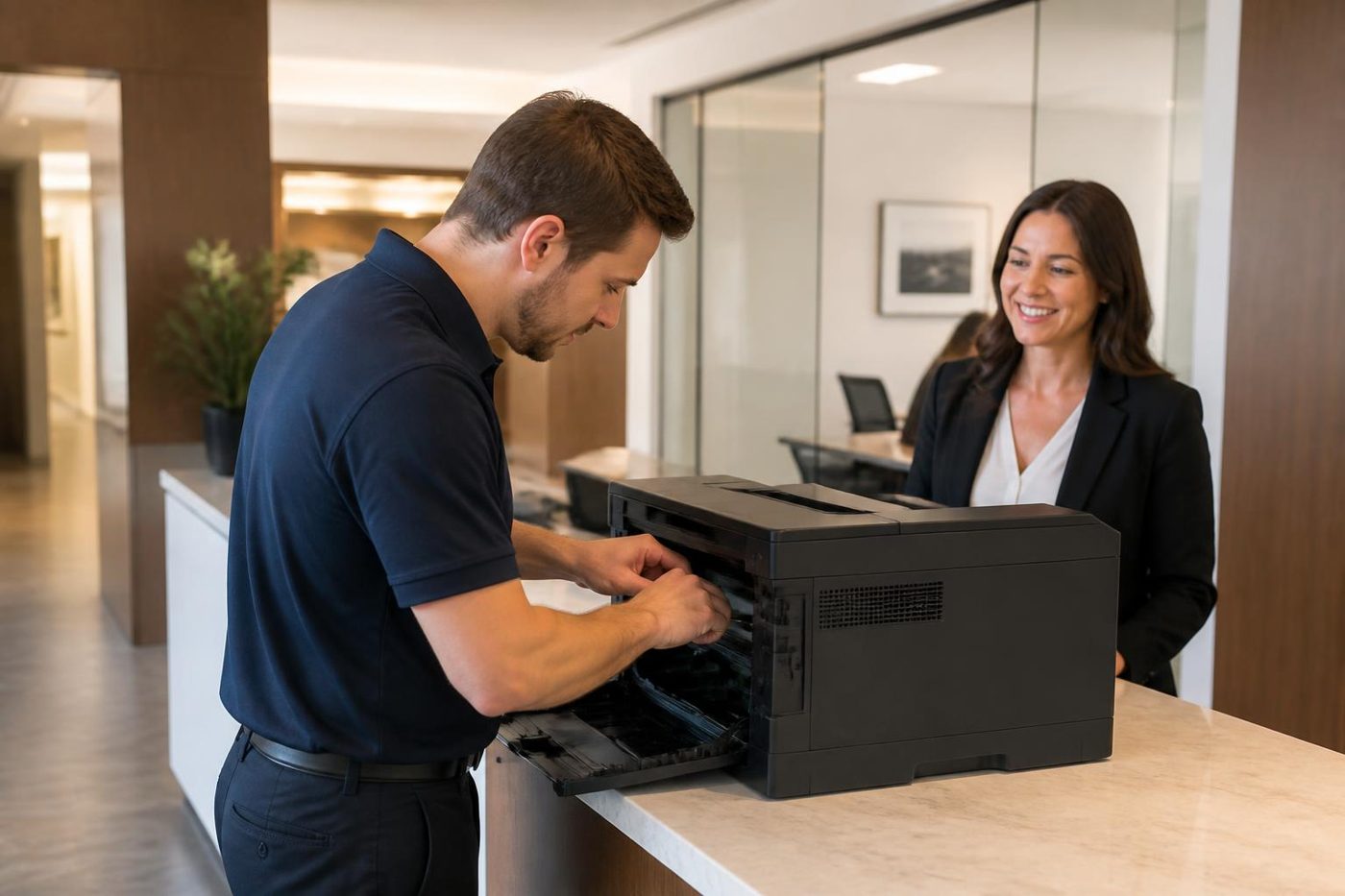 A technician servicing a printer on a reception desk in Brisbane