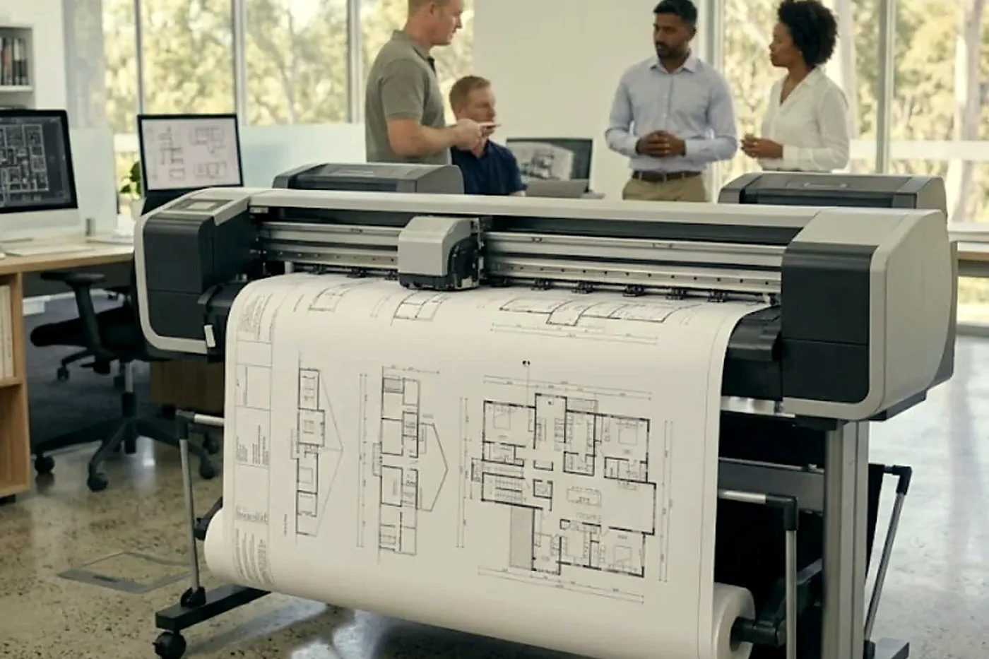 Wide format plotter printing plans in a Brisbane design and engineering office