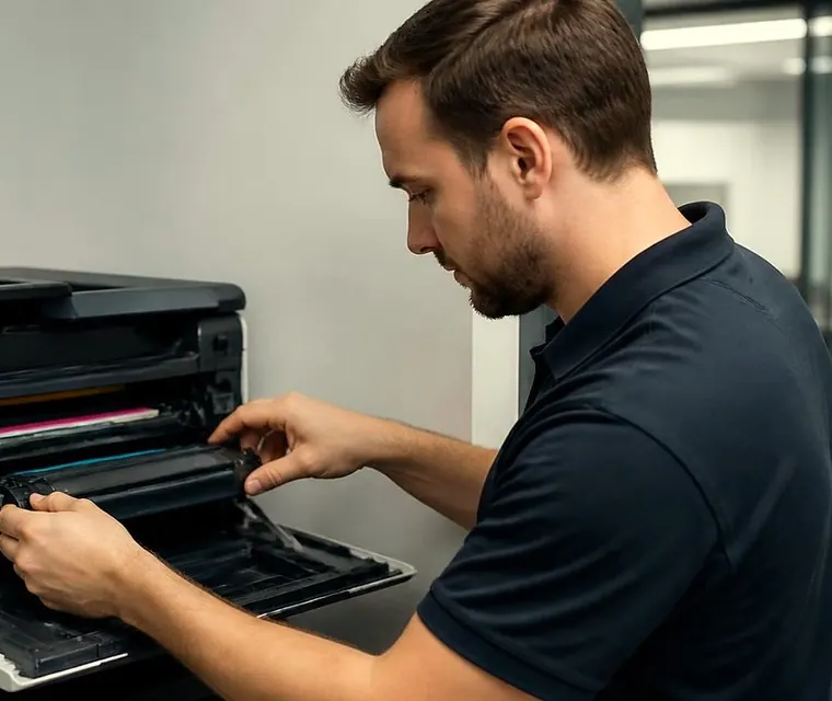 Technician repairing a laser printer in an office in Brisbane