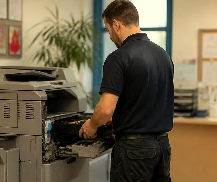 Technician repairing a copier in a school office in Brisbane