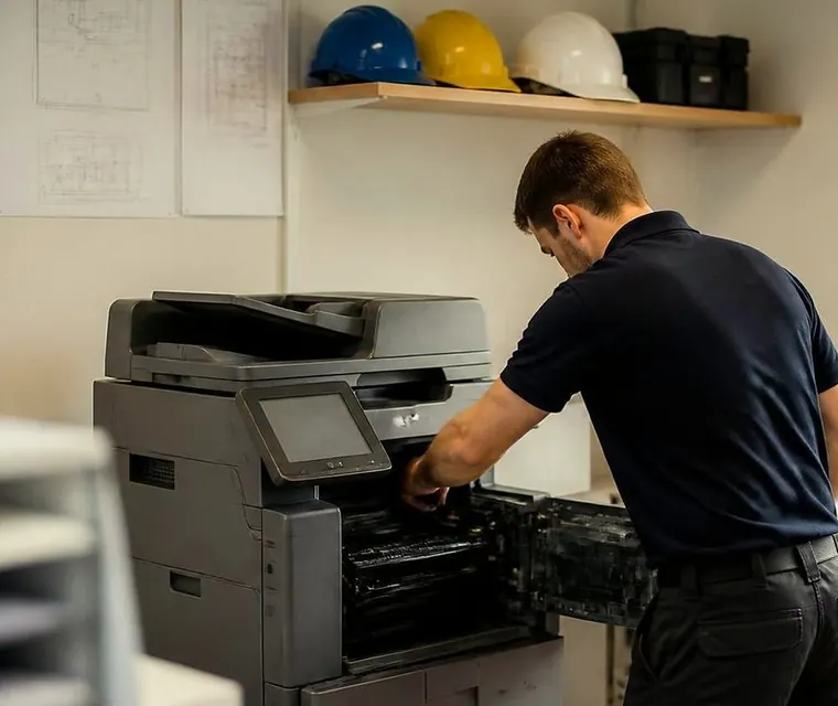 Technician repairing a copier in a site office in Brisbane