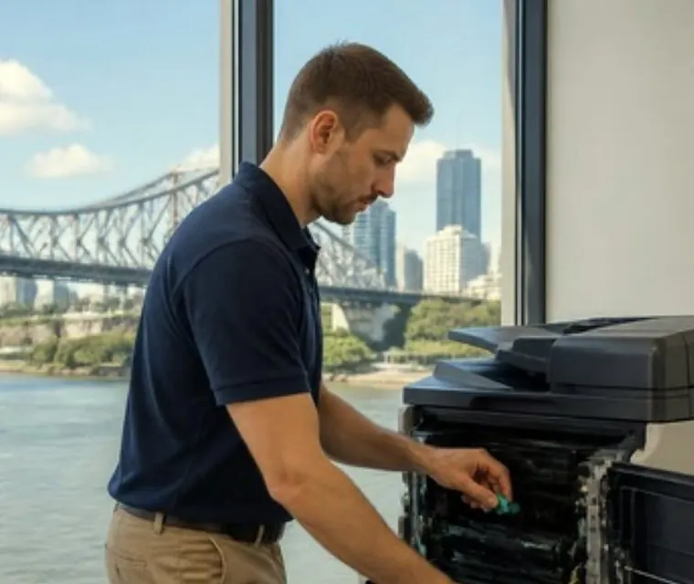 Technician servicing a copier beside an office window in Brisbane