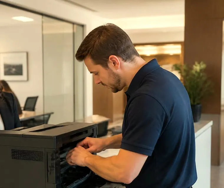 Technician servicing an office printer at a front desk in Brisbane