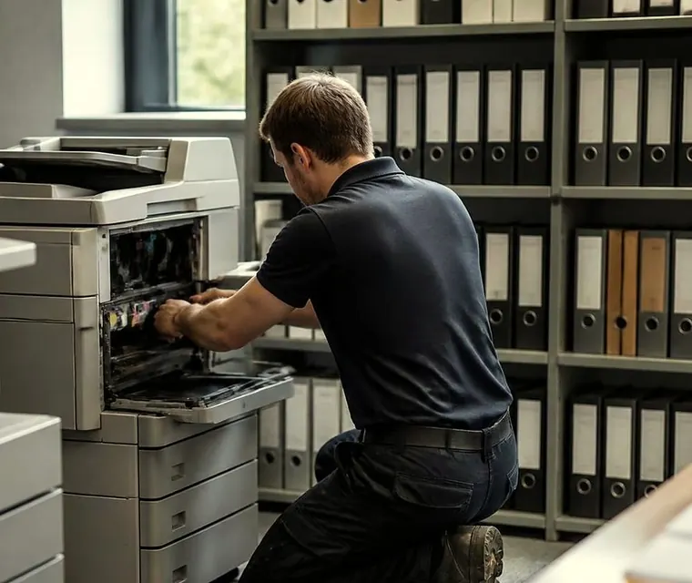 Technician repairing a copier in a law office in Brisbane