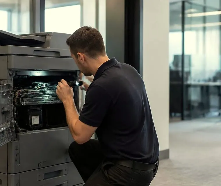 Technician at a copier with the side panel open in Brisbane