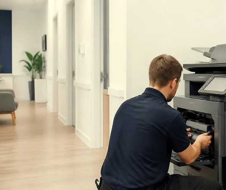 Technician servicing a copier in a medical clinic in Brisbane