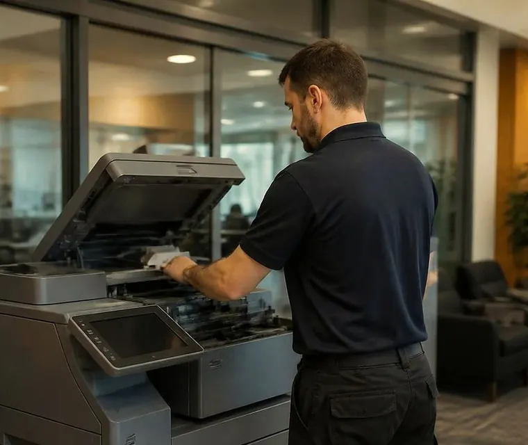 Technician servicing a copier in a council office in Brisbane